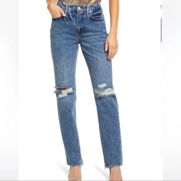 Good American Good 90s Slim Ripped Knee Straight Jeans in Indigo061 (6) - Picture 13 of 13